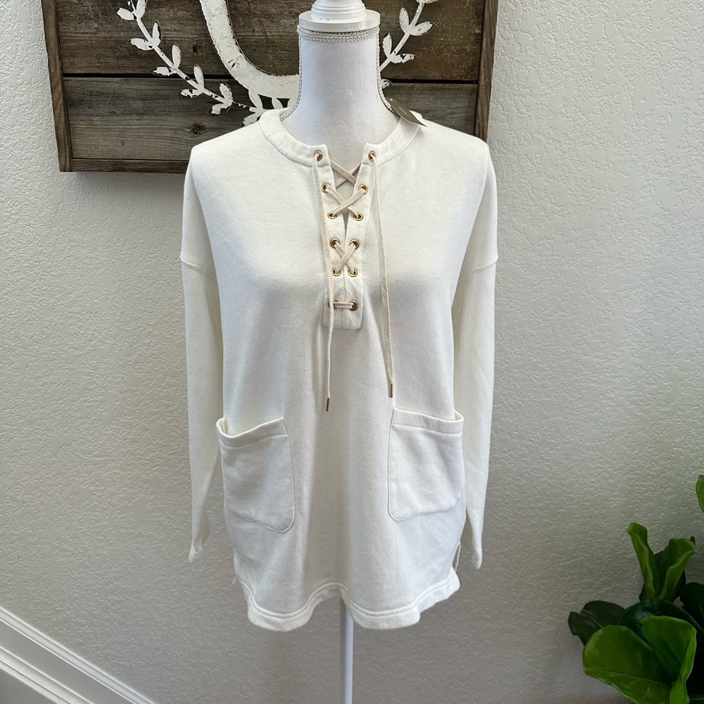 J. Crew H0646 tie front ivory sweatshirt ladies M NWT